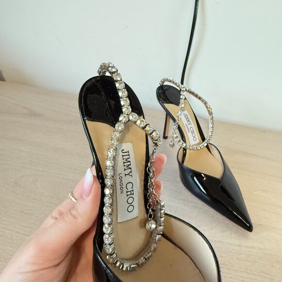 Jimmy Choo Saeda 85 Pumps Black Patent Leather Crystal Strap Pointed Toe - Picture 4 of 10